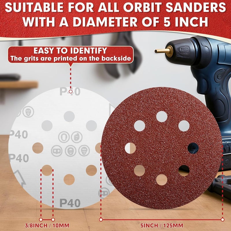 JTIEO 100PCS Sanding Discs 5 Inch, 220 Grit Orbital Sander Pads, Hook & Loop Sandpaper Pads, 8 Hole Round Sanding Discs for Random Orbital Sanders - Image 2